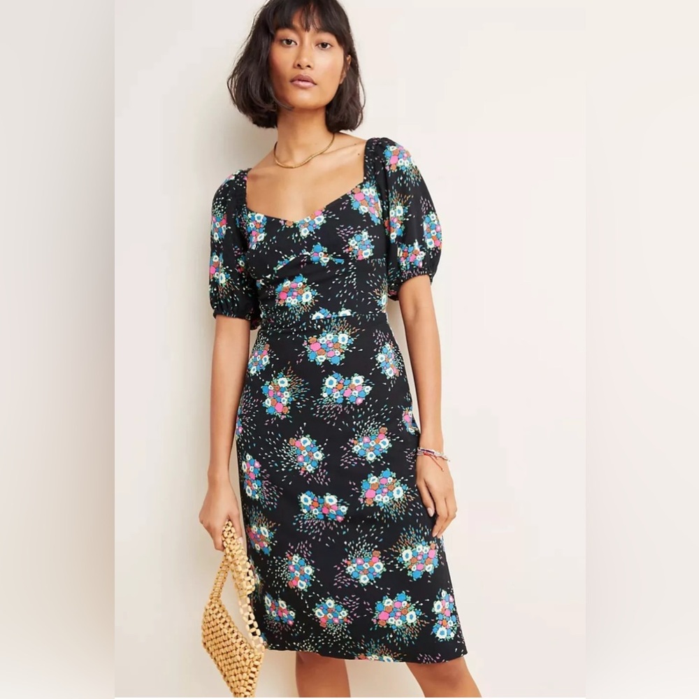 Anthropologie Black and Blue Floral Midi Dress